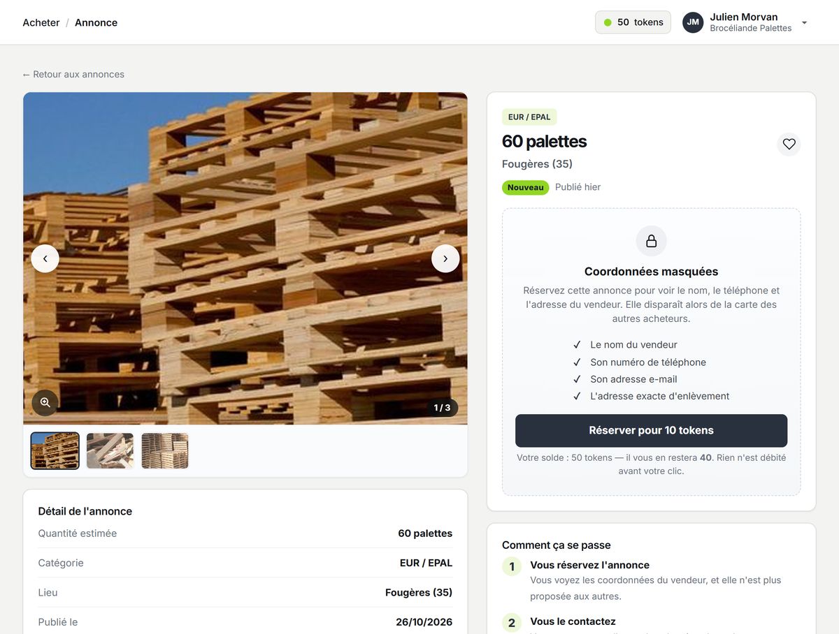 La fiche d’une annonce avant réservation : photos du lot, coordonnées masquées, coût en tokens et solde restant affichés avant le clic