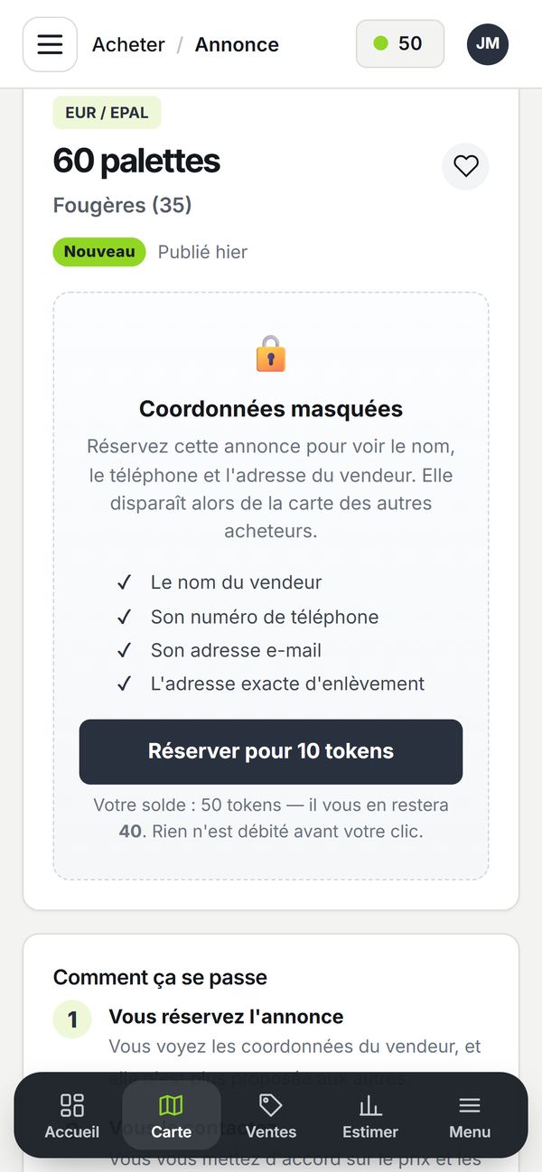 La fiche d’une annonce avant réservation : coordonnées masquées, coût en tokens et solde restant affichés avant le clic