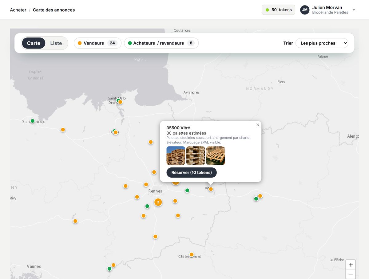 La carte des annonces de l’espace Palliq : les lots à racheter autour de Rennes, avec la fiche d’un lot de Vitré