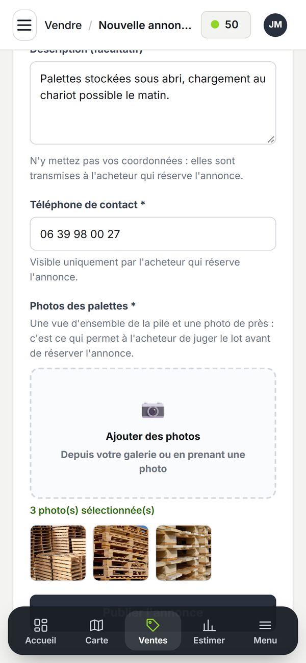 Une annonce de vente sur téléphone, avec trois photos du lot prises sur place