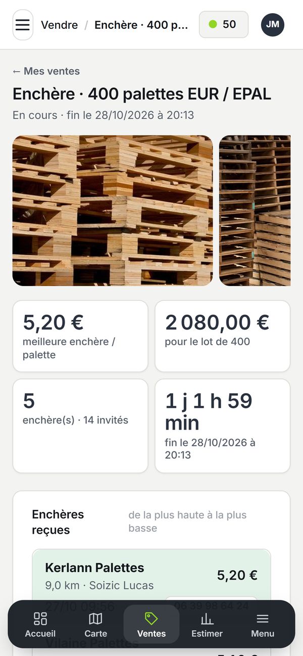Le suivi d’une enchère : meilleure enchère par palette, valeur du lot, compte à rebours et liste des enchérisseurs