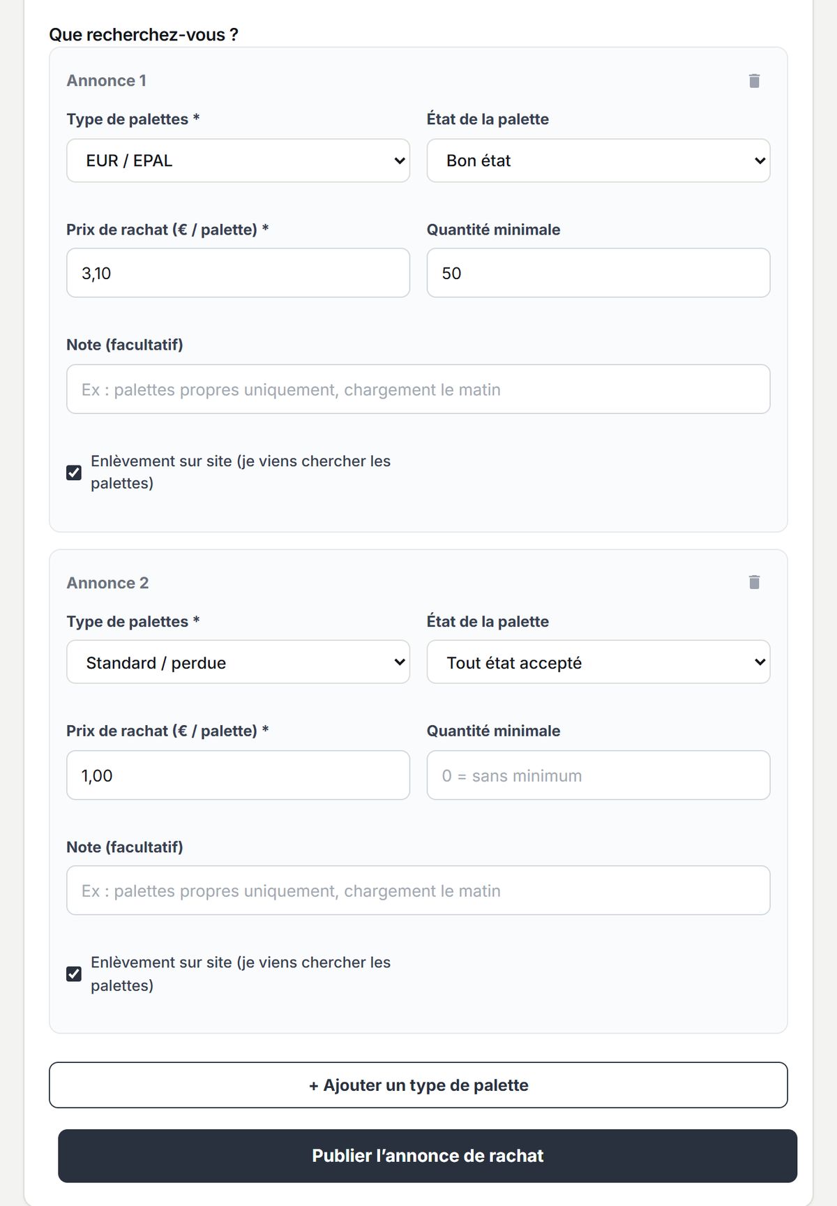 Le formulaire d’annonce de rachat : types de palettes recherchés, état, prix par palette, quantité minimale, enlèvement sur site
